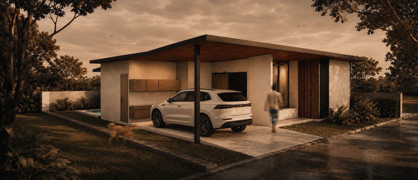 Vivienda contemporánea con carport al atardecer